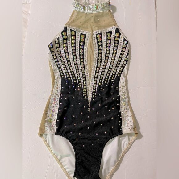 Glamour solo dance costume black white embellished rhinestone leotard SA adult - Picture 3 of 13